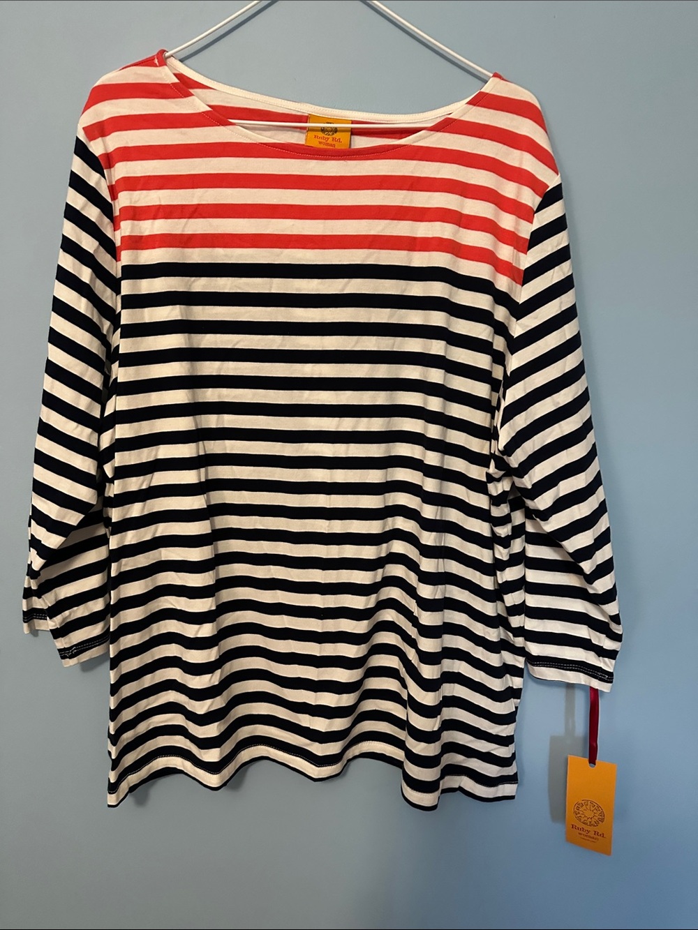 Ruby Rd. Striped Top in Black & White with Coral Yoke